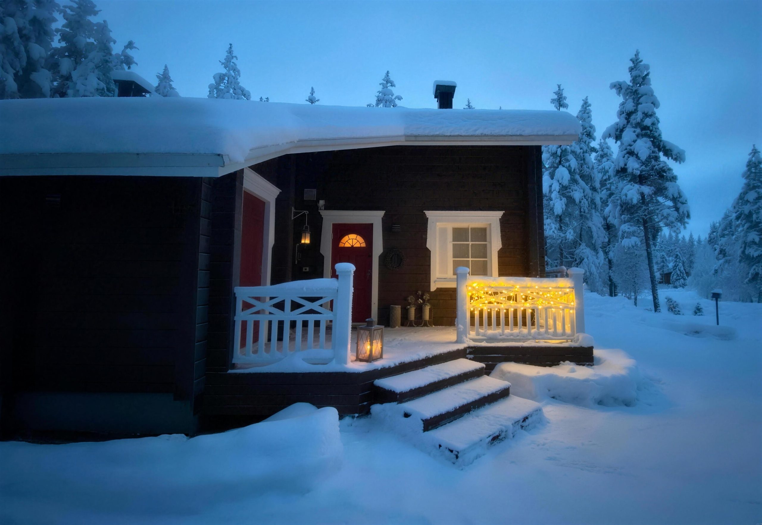 Lumikuksa A -huoneisto talvi-illan sinisessä hetkessä Levillä